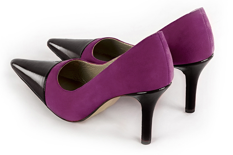 Gloss black and mulberry purple women's dress pumps,with a square neckline. Pointed toe. High slim heel. Rear view - Florence KOOIJMAN